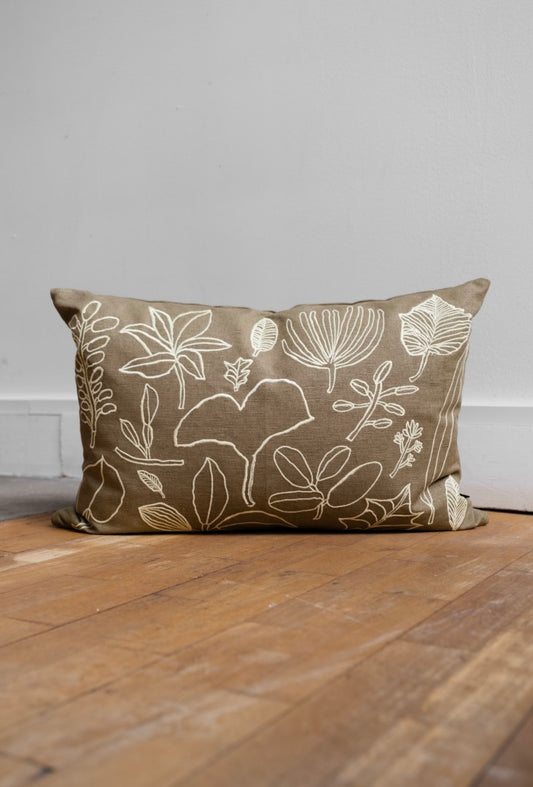 Botanic Leaves Embroidered Cushion Cover | Green Yellow
