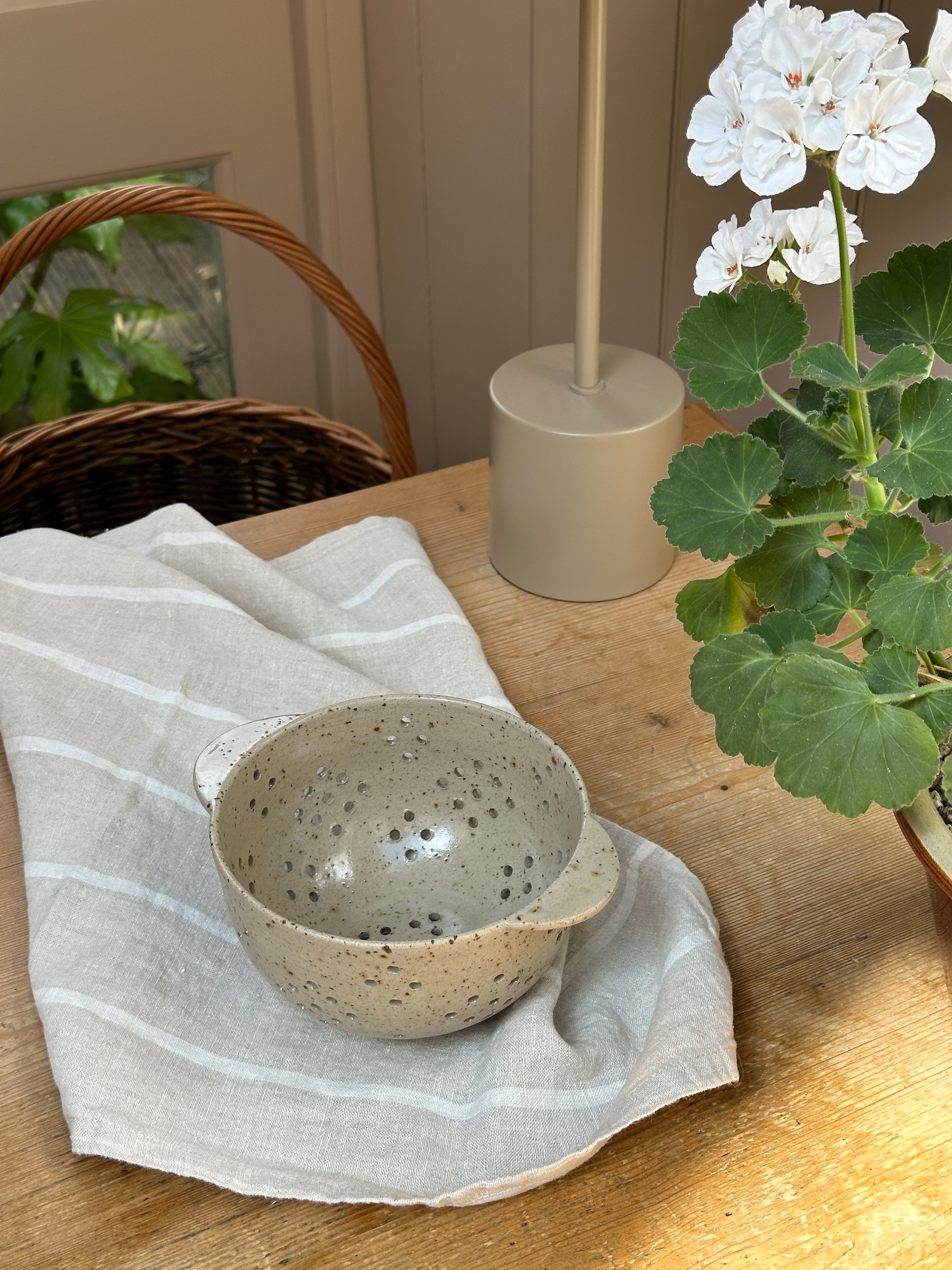 Ceramic colander, handmade berry bowl, ceramic bowl, outlet pottery berry bowl, blue colander with plate, large berry bowl, colander with saucer