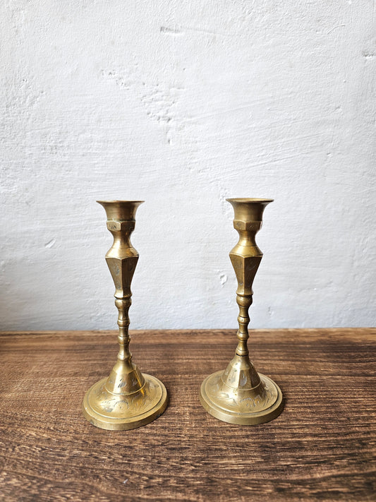 Vintage Brass Candle Holders | Engraved