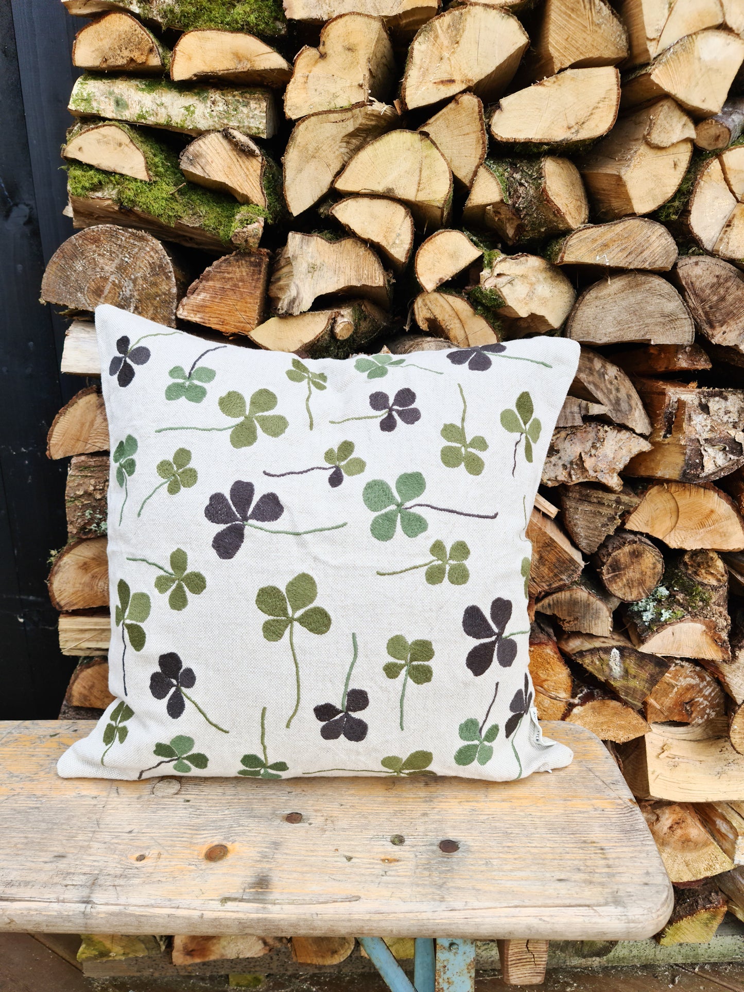Clover Embroidered Cushion Cover | Green